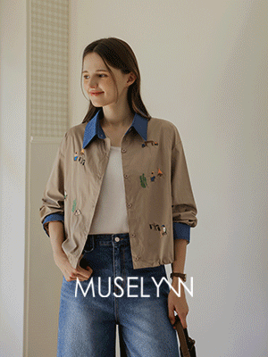 [뮤즈린] 캠핑 데님배색 자수 스트링 셔츠