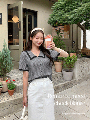 온유 레이스 체크 블라우스
