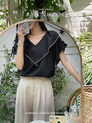 코틴 자수카라 리본 블라우스