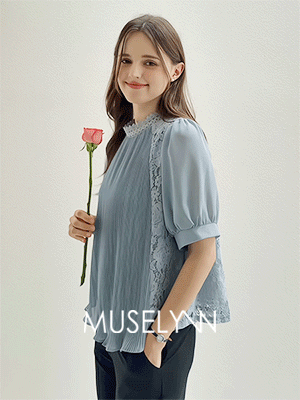 [뮤즈린] 안톤 플리츠 레이스 쉬폰 블라우스