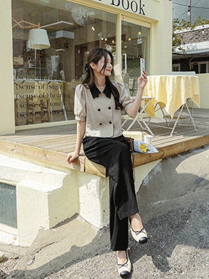 더인 배색 더블버튼 블라우스