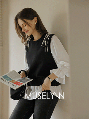 [뮤즈린] 위너 진주 니트배색 프릴 블라우스
