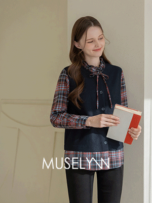 [뮤즈린] [롤업] 토프 니트배색 체크 블라우스